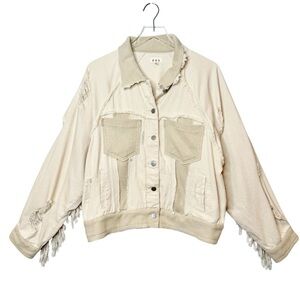 POL Boho Cream Distressed Denim Fringe Mixed Media Women’s Oversized Jacket Sz M